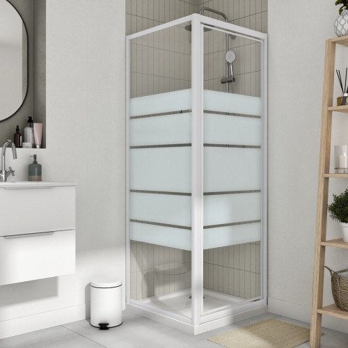 Mampara de ducha frontal 1 puerta batiente Essential. Perfil aluminio blanco. Ancho adaptable (67-70)x185 cm cristal templado de seguridad serigrafiado 4 mm. Cierre magnético con guía inferior Sensea