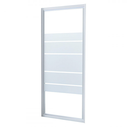 Mampara de ducha frontal 1 puerta batiente Essential. Perfil aluminio blanco. Ancho adaptable (67-70)x185 cm cristal templado de seguridad serigrafiado 4 mm. Cierre magnético con guía inferior Sensea