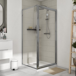 Mampara de ducha frontal 1 puerta batiente transparente Essential perfil aluminio cromo (77-80)x185 cm cristal 4 mm cierre magnético con guía inferior marca Sensea