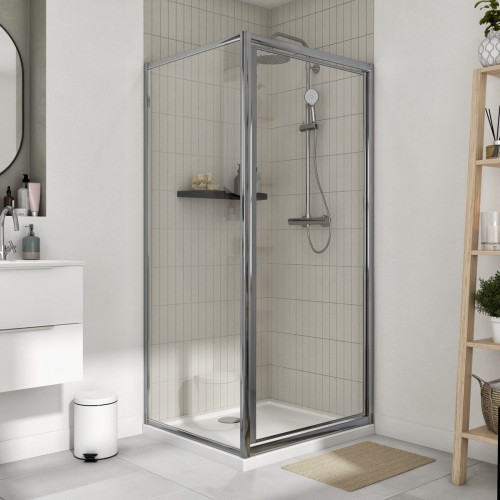 Mampara de ducha frontal 1 puerta batiente transparente Essential perfil aluminio cromo (77-80)x185 cm cristal 4 mm cierre magnético con guía inferior marca Sensea