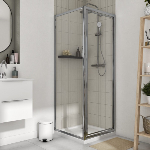 Mampara de ducha frontal 1 puerta batiente transparente Essential perfil aluminio cromo (67-70)x185 cm cristal 4 mm cierre magnético con guía inferior marca Sensea