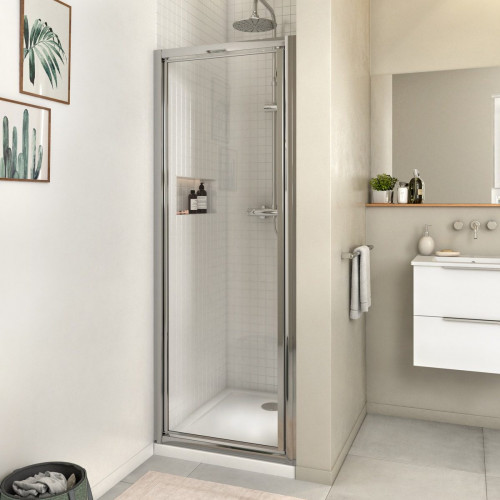 Mampara de ducha frontal 1 puerta batiente transparente Essential perfil aluminio cromo (67-70)x185 cm cristal 4 mm cierre magnético con guía inferior marca Sensea