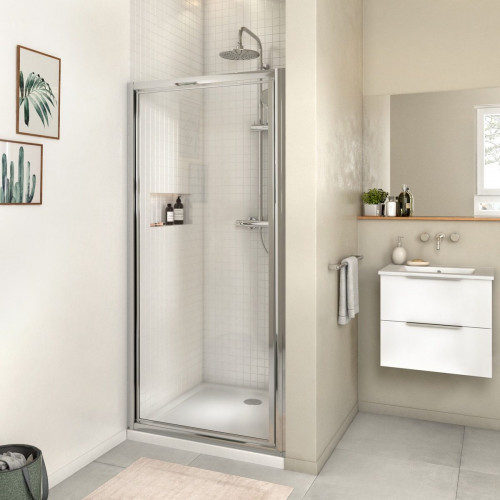 Mampara de ducha frontal 1 puerta batiente transparente Essential perfil aluminio cromo (77-80)x185 cm cristal 4 mm cierre magnético con guía inferior marca Sensea