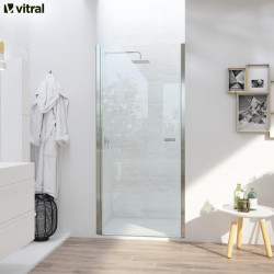 Mampara de ducha frontal 1 puerta batiente transparente Open perfil aluminio cromo (75-79)x195 cm cristal 6mm cierre magnético sin guía inferior marca Glassinox