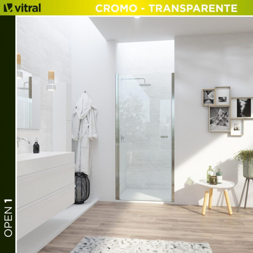 Mampara de ducha frontal 1 puerta batiente transparente Open perfil aluminio cromo (75-79)x195 cm cristal 6mm cierre magnético sin guía inferior marca Glassinox