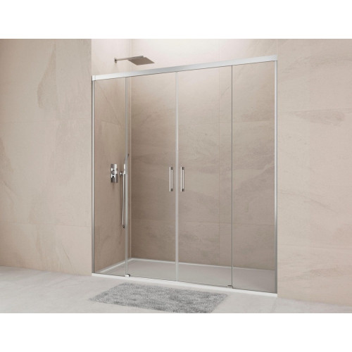 Mampara de ducha frontal 2 fijos + 2 puertas corredera transparente Noa perfil aluminio cromo (162-172)x195 cm cierre magnético con guía inferior marca GME