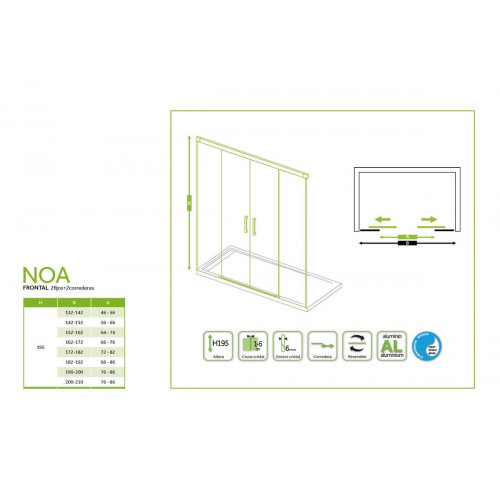 Mampara de ducha frontal 2 fijos + 2 puertas corredera transparente Noa perfil aluminio cromo (162-172)x195 cm cierre magnético con guía inferior marca GME