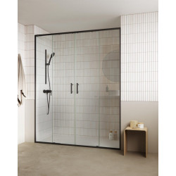 Mampara de ducha frontal 2 fijos + 2 puertas correderas transparentes Alpine perfil aluminio negro (162.1-172)x200 cm cristal 6mm cierre magnético con guía inferior Roca