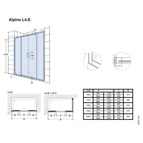 Mampara de ducha frontal 2 fijos + 2 puertas correderas transparentes Alpine perfil aluminio negro (162.1-172)x200 cm cristal 6mm cierre magnético con guía inferior Roca