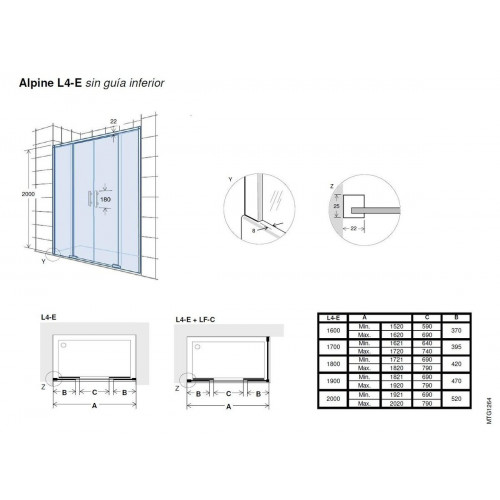 Mampara de ducha frontal 2 fijos + 2 puertas correderas transparentes Alpine perfil aluminio cromo (152-162)x200 cm cristal 6mm cierre magnético sin guía inferior Roca