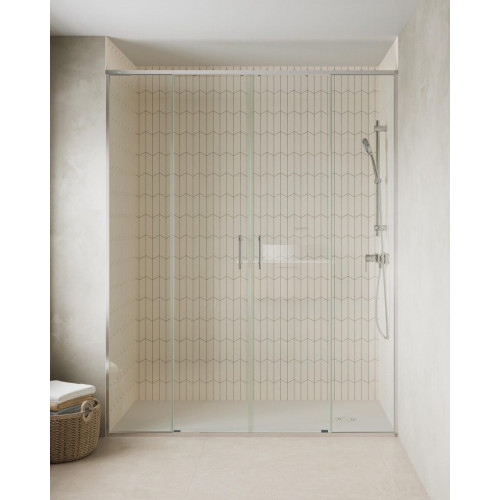 Mampara de ducha frontal 2 fijos + 2 puertas correderas transparentes Alpine perfil aluminio cromo (172.1-182)x200 cm cristal 6mm cierre magnético con guía inferior Roca