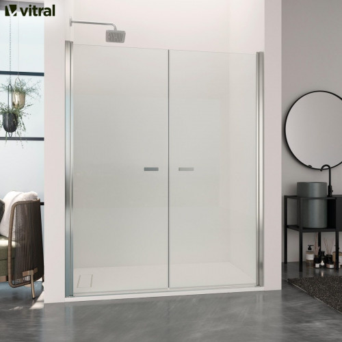 Mampara de ducha frontal 2 puertas batiente transparente Open perfil aluminio cromo (87-91)x195 cm cristal 6mm cierre magnético sin guía inferior marca Glassinox