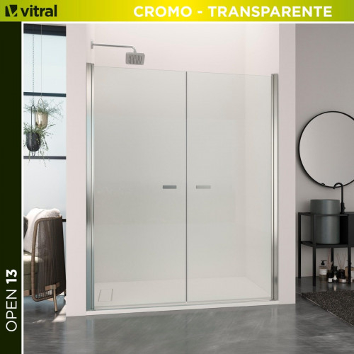 Mampara de ducha frontal 2 puertas batiente transparente Open perfil aluminio cromo (87-91)x195 cm cristal 6mm cierre magnético sin guía inferior marca Glassinox