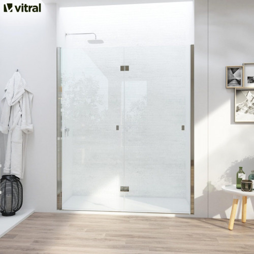 Mampara de ducha frontal 2 puertas plegable transparente Open perfil aluminio cromo (65-69)x195 cm cristal 6mm cierre magnético sin guía inferior marca Glassinox