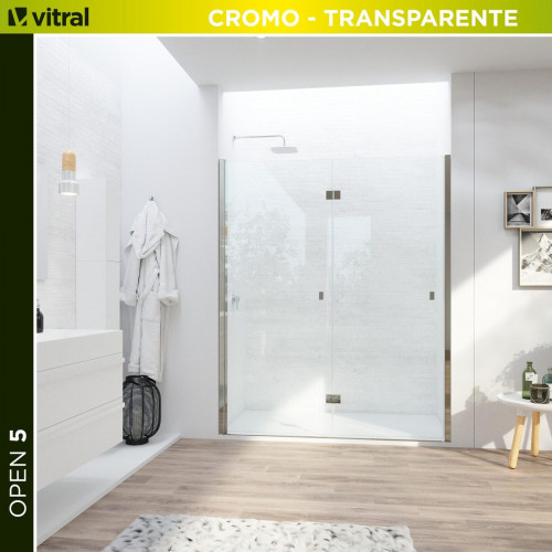 Mampara de ducha frontal 2 puertas plegable transparente Open perfil aluminio cromo (65-69)x195 cm cristal 6mm cierre magnético sin guía inferior marca Glassinox