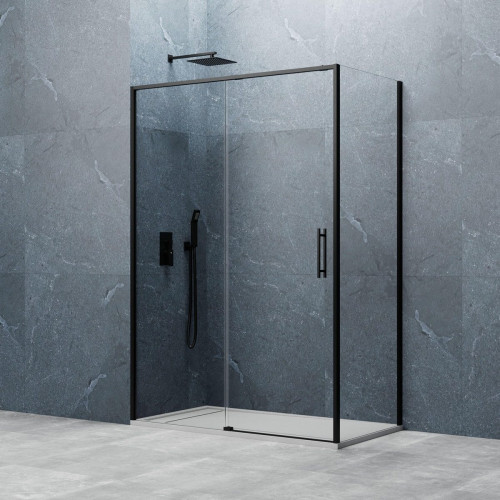 Mampara de ducha frontal con panel fijo lateral corredero transparente Slim perfil negro (115-120)+90 x195 cm