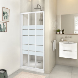 Mampara de ducha frontal corredera 1 hoja fija + 2 puertas correderas Essential perfil aluminio blanco. Ancho adaptable (87-90)x185 cm cristal templado de seguridad serigrafiado 4 mm. Cierre magnético con guía inferior Sensea