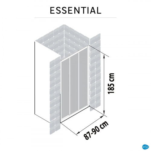 Mampara de ducha frontal corredera 1 hoja fija + 2 puertas correderas Essential perfil aluminio blanco. Ancho adaptable (87-90)x185 cm cristal templado de seguridad serigrafiado 4 mm. Cierre magnético con guía inferior Sensea