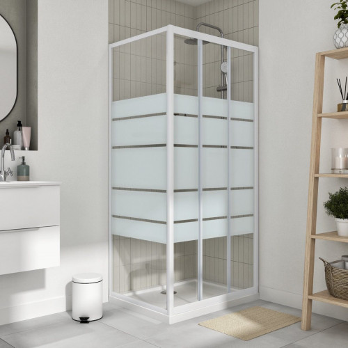 Mampara de ducha frontal corredera 1 hoja fija + 2 puertas correderas Essential perfil aluminio blanco. Ancho adaptable (87-90)x185 cm cristal templado de seguridad serigrafiado 4 mm. Cierre magnético con guía inferior Sensea