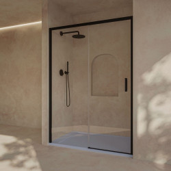 Mampara de ducha frontal corredera + fijo, sin perfil inferior, Vidrio de seguridad 6mm antical, 98,5 a 103 cm x 195cm H, REVERSIBLE, Negro