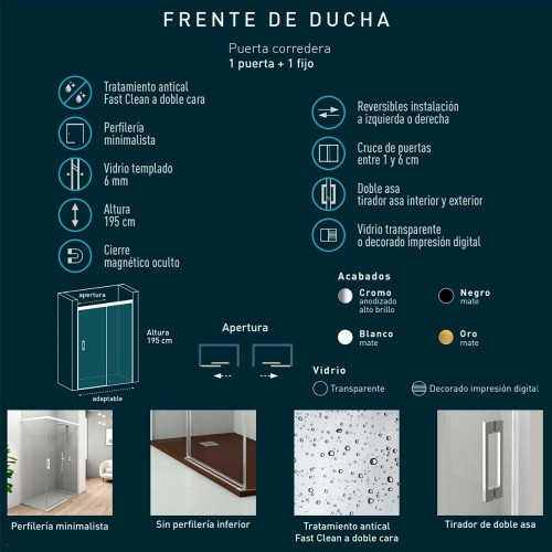 Mampara Ducha Corredera 1 Puerta 1 Fijo | 100 cm (Adaptable 95-99cm) | Vidrio 6 mm Transparente Antical | Perfil Negro