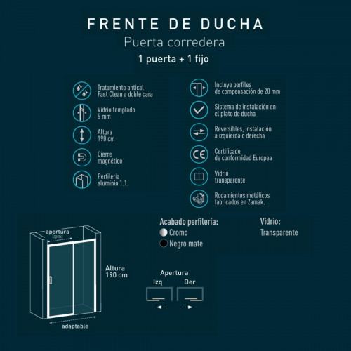Mampara Ducha Frontal Corredera 1 Puerta 1 Fijo | Alto 190cm Transparente | Negro 100cm (Adaptable 98-102cm)