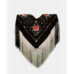 Mantón de manila de seda y flecado a mano Negro