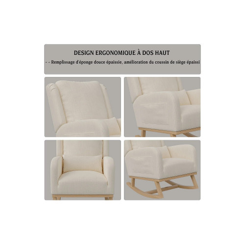 Mecedora con base y respaldo de madera, Sillón relax para salón, Lino, Beige