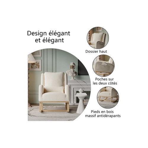 Mecedora con base y respaldo de madera, Sillón relax para salón, Lino, Beige