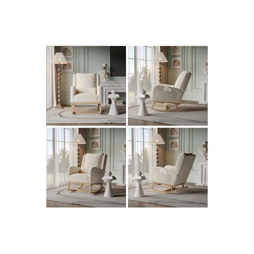 Mecedora con base y respaldo de madera, Sillón relax para salón, Lino, Beige