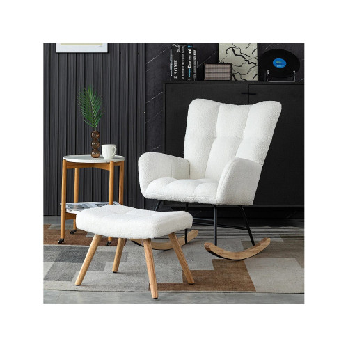 Mecedora con reposapiés y bolsillo - 65 x 94 x 92 cm - Teddy-Polar, madera de evea y metal - Blanco