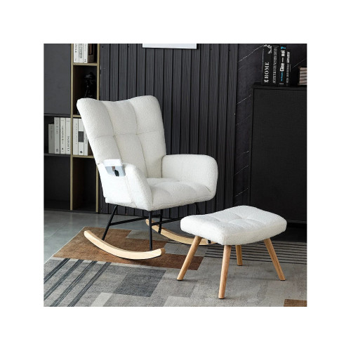 Mecedora con reposapiés y bolsillo - 65 x 94 x 92 cm - Teddy-Polar, madera de evea y metal - Blanco