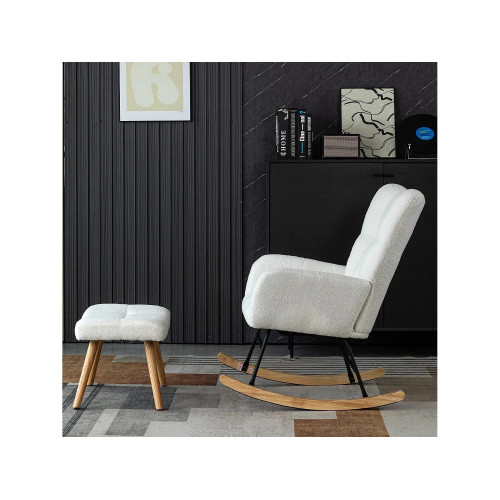 Mecedora con reposapiés y bolsillo - 65 x 94 x 92 cm - Teddy-Polar, madera de evea y metal - Blanco