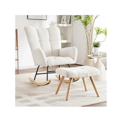 Mecedora con reposapiés y bolsillo - 65 x 94 x 92 cm - Teddy-Polar, madera de evea y metal - Blanco