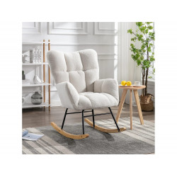 Mecedora en tela Teddy blanca, estructura de metal negro, base de madera 89x70x95cm