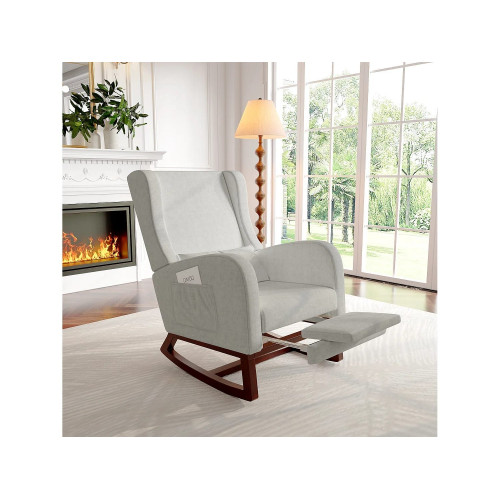 Mecedora, Mecedora con Reposapiés Retráctil, Madera Maciza, Respaldo Alto, Mecedora para Sala de Estar, Dormitorio, Hasta 150 kg - Gris