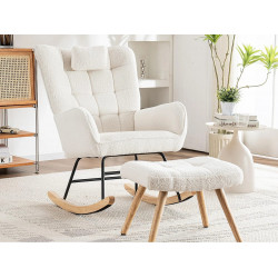 Mecedora、Mecedora de tejido de rizo francés - con almohada y reposapiés - Blanco