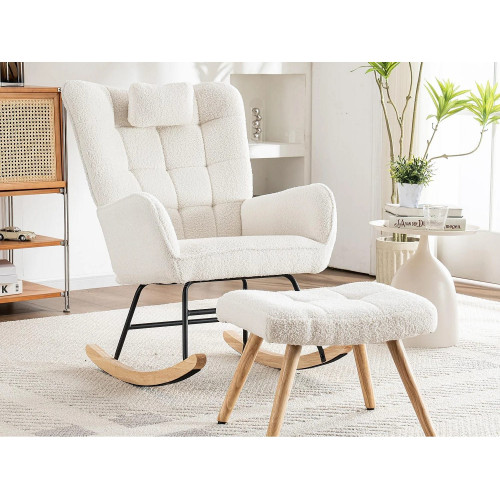 Mecedora、Mecedora de tejido de rizo francés - con almohada y reposapiés - Blanco
