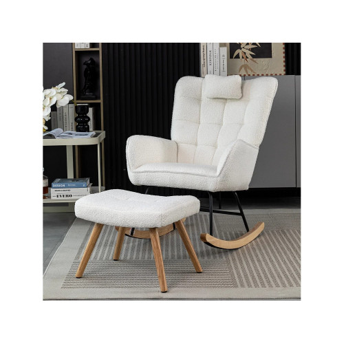 Mecedora、Mecedora de tejido de rizo francés - con almohada y reposapiés - Blanco