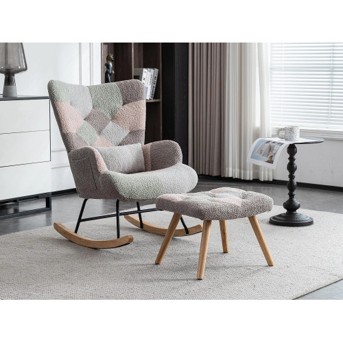 Mecedora、Mecedora de tejido de rizo francés - con cojín lumbar y reposapiés - Multicolor