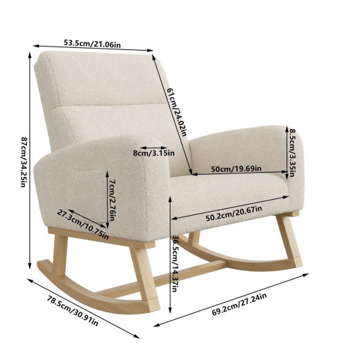 Mecedora para bebé/niño/salón: acolchada (mediados de siglo), moderna y cómoda, con bolsillos laterales.