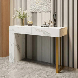 Mesa consola 1200 mm moderna Mesa decorativa para entrada con 2 cajones y base de acero inoxidable dorado