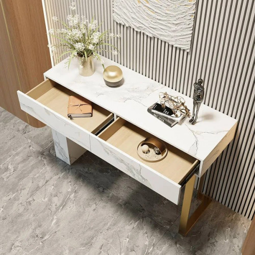 Mesa consola 1200 mm moderna Mesa decorativa para entrada con 2 cajones y base de acero inoxidable dorado