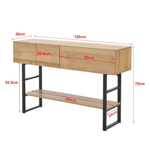Mesa consola Varberg con 2 cajones metal aglomerado 75 x 120 x 30 cm - Efecto Roble y Negro [en.casa]