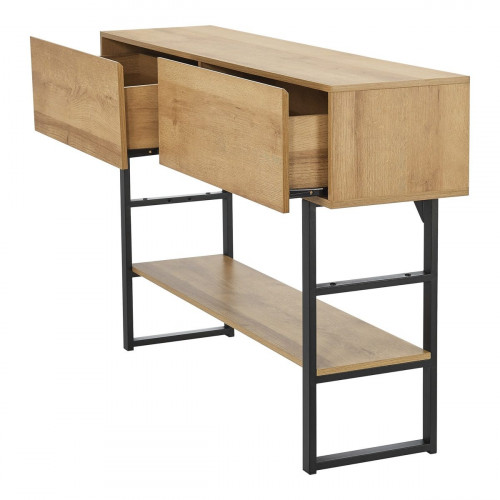 Mesa consola Varberg con 2 cajones metal aglomerado 75 x 120 x 30 cm - Efecto Roble y Negro [en.casa]