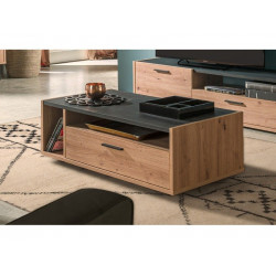 Mesa de centro 110x60 cm roble natural y negro con un cajón y dos compartimentos - Sanremo