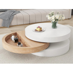 Mesa de centro cilíndrica 60×60×35 cm - giratoria 360° - estructura de tres niveles - blanco + natural