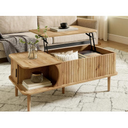 Mesa de centro elevable retro moderna 100x48x55.5 cm - Tablero ajustable - 1 puerta corrediza - Patas de madera - Natural