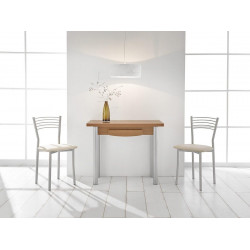 Mesa de cocina con extensible de libro Kombi con encimera, cajón y armazon laminado en color cerezo de 90x40 y patas metálicas en color aluminio