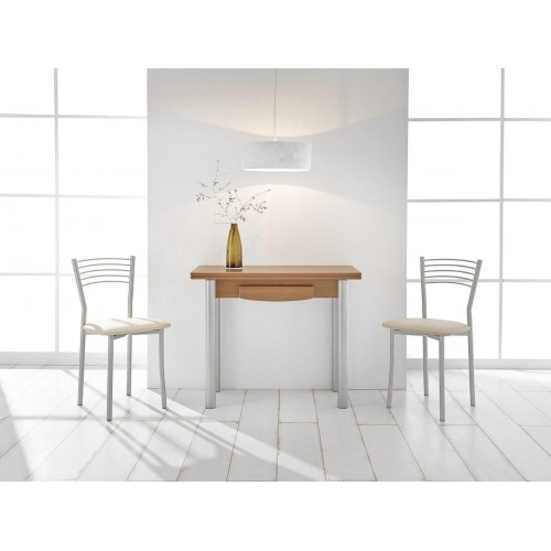 Mesa de cocina con extensible de libro Kombi con encimera, cajón y armazon laminado en color cerezo de 90x40 y patas metálicas en color aluminio